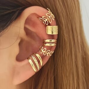 Conjunto de 5 peças de brincos chiques em forma de C estilo Boho e Hip-Hop para mulheres – sem necessidade de piercing, conjunto de punho de orelha de ferro com desenhos de borboleta, folha e coração – joias modernas versáteis para trajes casuais