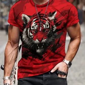 Camiseta vintage de tigre masculina com estampa animal 3D, manga curta, camiseta casual de verão, respirável, roupa masculina, streetwear grande