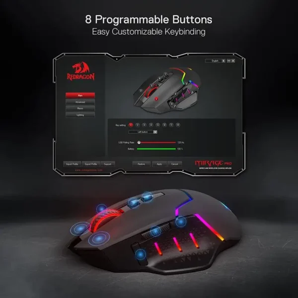 Redragon-M690 PRO Mouse sem fio para jogos, 8000 DPI, mouse com fio, tecla de fogo rápido, 8 botões macro para PC, Mac, laptop, preto, branco - Imagem 3
