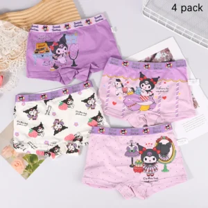 Sanrio Anime Cartoon Print Roupa Interior de Algodão para Meninas, Cute Baby Boxer, Cuecas Kawaii, Presente Infantil, Kuromi, 4Pcs