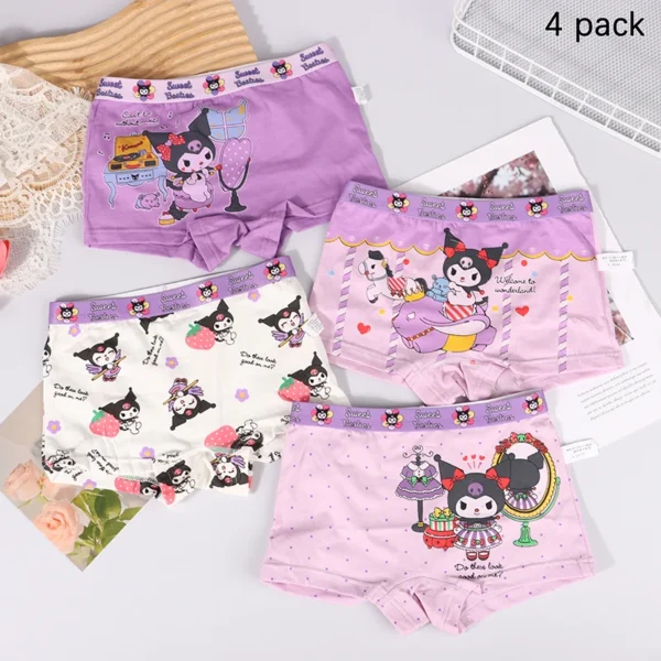 Sanrio Anime Cartoon Print Roupa Interior de Algodão para Meninas, Cute Baby Boxer, Cuecas Kawaii, Presente Infantil, Kuromi, 4Pcs