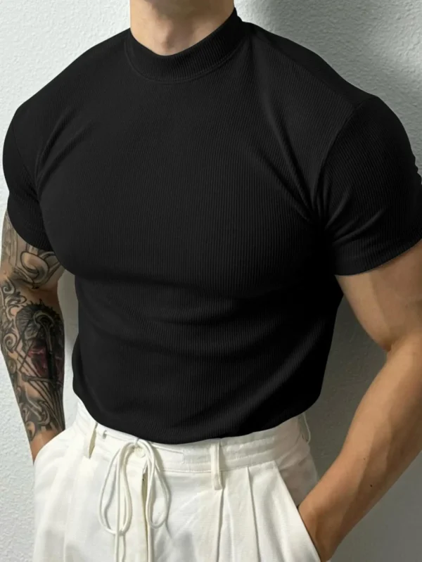 Tamanho europeu estilo coreano masculino pequeno gola alta base camisa moda manga curta camiseta verão novo gola redonda top - Imagem 5