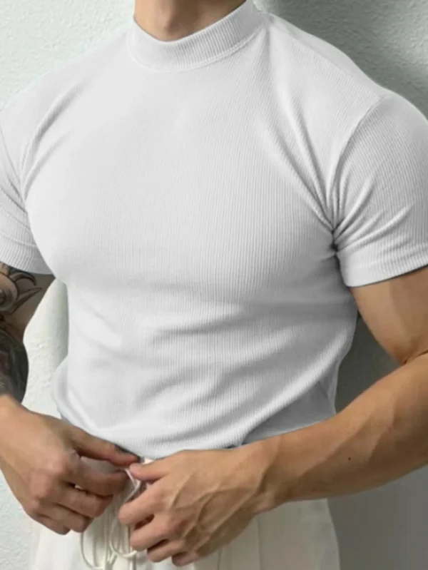 Tamanho europeu estilo coreano masculino pequeno gola alta base camisa moda manga curta camiseta verão novo gola redonda top - Imagem 3