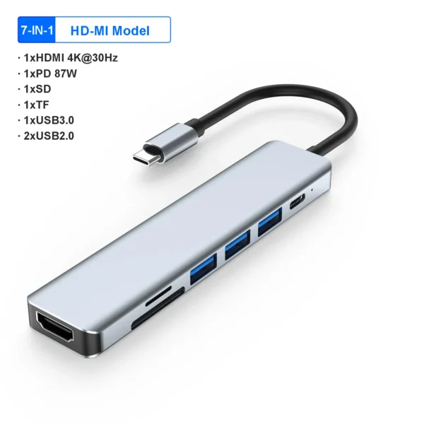 Estação de ancoragem USB C para laptop, 7-em-1, 4K, adaptador HDMI, HUB 3.0, tipo C para HDMI, PD 87W, divisor USB C para Macbook Pro - Imagem 7