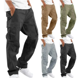 Calça cargo masculina casual masculina cintura alta elástica bolso perna larga bolso calças grandes S-5XL OUFY-008