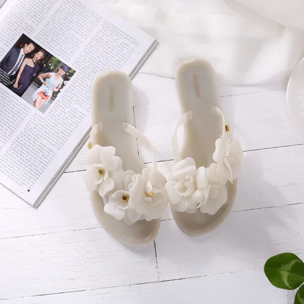Chinelos de geléia camélia para mulheres, sandálias externas, praia solar feminina, chinelos de flores de PVC, 2 cores, tamanho EUR 36-40, novo, 2022 - Imagem 7
