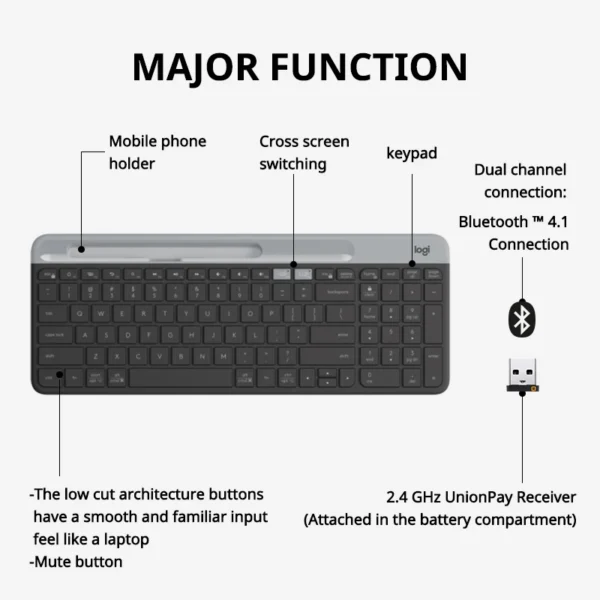 Logitech-k580 teclado sem fio portátil, luz fina, multi-dispositivo, para pc, tablet, laptop, ipad, computador de escritório - Imagem 2