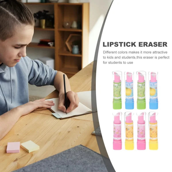 8 peças de borracha com padrão de frutas para crianças, artigos de papelaria, novidade, batom coreano para desenho animado, ajustável, fofo - Imagem 3