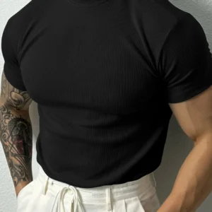 Tamanho europeu estilo coreano masculino pequeno gola alta base camisa moda manga curta camiseta verão novo gola redonda top