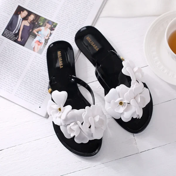 Chinelos de geléia camélia para mulheres, sandálias externas, praia solar feminina, chinelos de flores de PVC, 2 cores, tamanho EUR 36-40, novo, 2022 - Imagem 6