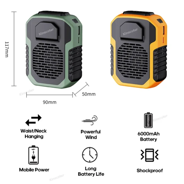 KINSCOTER Ventilador de cintura suspenso para uso externo Ventilador de cintura/pescoço portátil de 6000mAh Ventilador de resfriamento com 3 velocidades Ventilador elétrico silencioso de longa duração - Imagem 2
