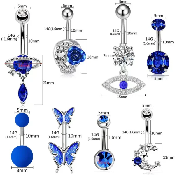 1pc Aço Inoxidável Azul Umbigo Anel Umbigo Tragu Piercing Barbell Coração Borboleta Corpo Jóias Punk Acessórios para Mulheres - Imagem 3