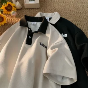 Camisa polo folgada da moda para homens, mangas curtas de verão, estilo americano vintage, camiseta de casal, marca da moda, roupa casual