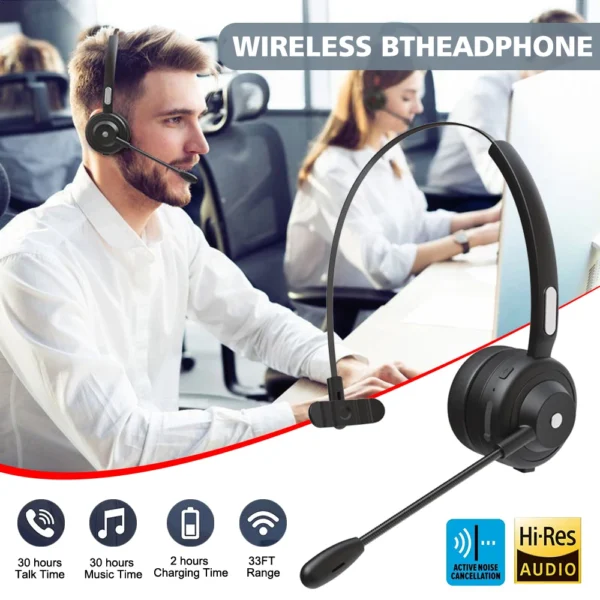 Bluetooth 5.1 Headset Wireless Truck Driver Headphones Hands-Free Call Headset With Mic Noise Cancelling For Call Center Office - Imagem 2