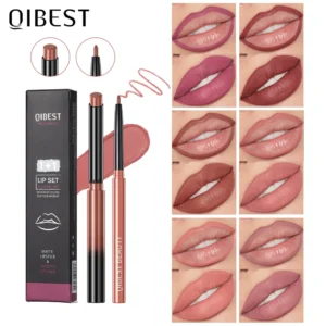 QIBEST 2pcs Batom Lipliner Caneta Conjunto Matte Velvet Lip Liner Lápis Contorno Maquiagem Sexy Batom Vermelho Cosméticos de Longa Duração