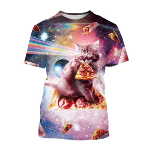 Camiseta unissex 2024 Cool Animal Cat, masculina e feminina, Galaxy Space, adorável gatinho, gato, 3D, camisetas, pizza, engraçada, rua, camiseta, manga curta