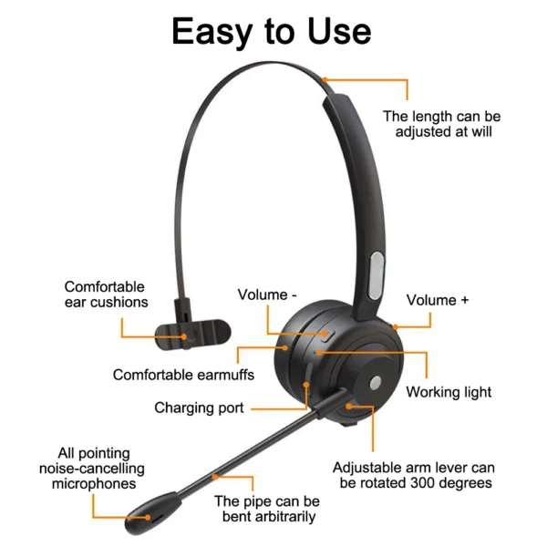 Bluetooth 5.1 Headset Wireless Truck Driver Headphones Hands-Free Call Headset With Mic Noise Cancelling For Call Center Office - Imagem 6