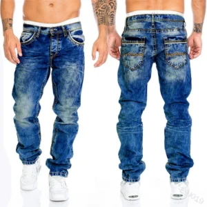 Jeans Baggy masculino com estiramento reto e slim fit, calça casual, calça jeans preta e azul, marca