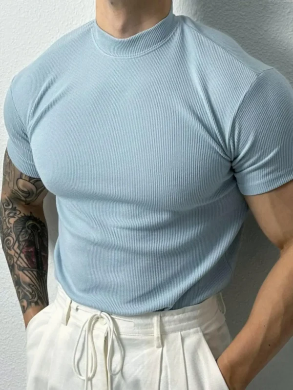Tamanho europeu estilo coreano masculino pequeno gola alta base camisa moda manga curta camiseta verão novo gola redonda top - Imagem 7