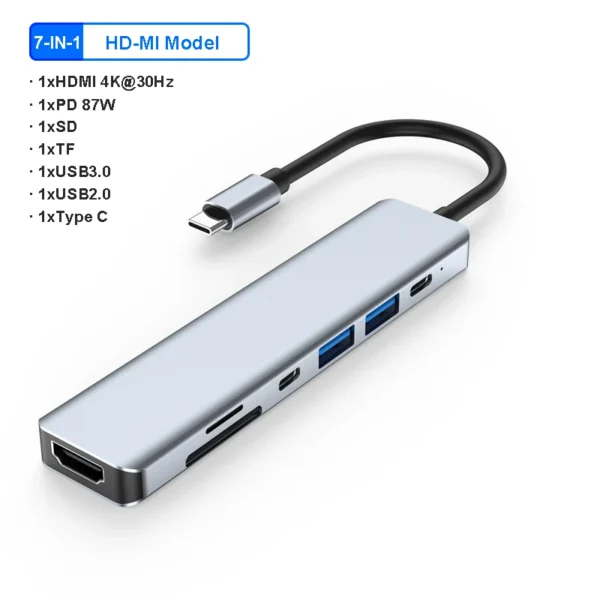 Estação de ancoragem USB C para laptop, 7-em-1, 4K, adaptador HDMI, HUB 3.0, tipo C para HDMI, PD 87W, divisor USB C para Macbook Pro - Imagem 8
