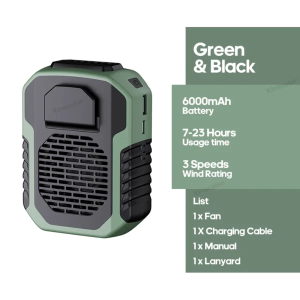 KINSCOTER Ventilador de cintura suspenso para uso externo Ventilador de cintura/pescoço portátil de 6000mAh Ventilador de resfriamento com 3 velocidades Ventilador elétrico silencioso de longa duração - Imagem 8