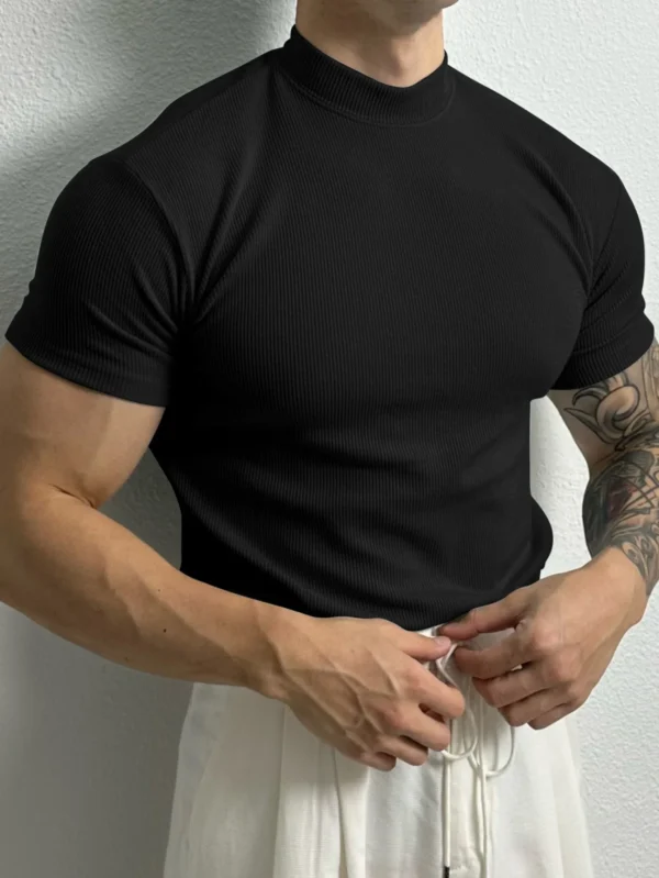 Tamanho europeu estilo coreano masculino pequeno gola alta base camisa moda manga curta camiseta verão novo gola redonda top - Imagem 2