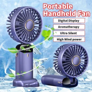 Ventilador portátil com suporte para telefone Ventilador portátil 90 ° Ventilador dobrável para pendurar no pescoço 1800mAh USB recarregável e tela de exibição