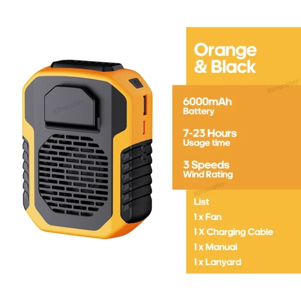 KINSCOTER Ventilador de cintura suspenso para uso externo Ventilador de cintura/pescoço portátil de 6000mAh Ventilador de resfriamento com 3 velocidades Ventilador elétrico silencioso de longa duração - Imagem 7