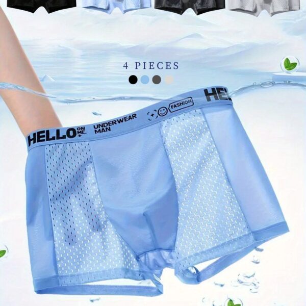 4 peças Cuecas Boxer Masculinas Macias e Confortáveis, Cuecas Masculinas, Remendo de Malha Respirável e Elástica, Cuecas Masculinas Casuais de Cor Lisa Azul-celeste Preto Cinza Escuro Cor Contrastante Estampa de Letras Faixa de Cintura - Imagem 8