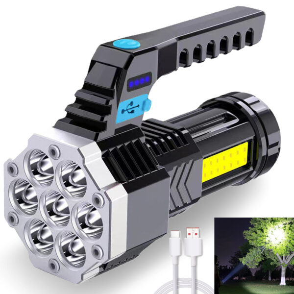 1pc Lanterna LED de alta potência Lanterna recarregável USB poderosa Lâmpada portátil para exterior Bateria embutida COB 7 Lanternas LED