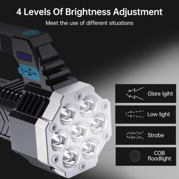 1pc Lanterna LED de alta potência Lanterna recarregável USB poderosa Lâmpada portátil para exterior Bateria embutida COB 7 Lanternas LED - Imagem 6