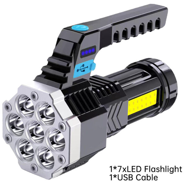 1pc Lanterna LED de alta potência Lanterna recarregável USB poderosa Lâmpada portátil para exterior Bateria embutida COB 7 Lanternas LED - Imagem 2