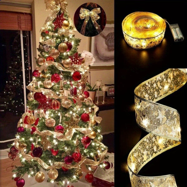1pc 1/3/5/10m serpentinas de feriado, árvore de natal com luzes, luzes de fita douradas, guirlanda de fita de árvore de natal, decoração de árvore de natal, alimentado por bateria (sem baterias) - Imagem 10