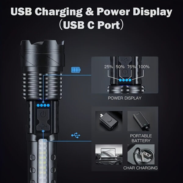 1pc Super Poderoso Recarregável Lanterna Luz de Inundação, Para Camping Ao Ar Livre, Pesca, Caça, Escalada, Aventura Emergência Noite Ciclismo e Caminhadas - Imagem 7