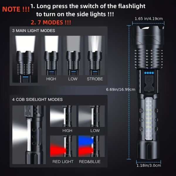 1pc Super Poderoso Recarregável Lanterna Luz de Inundação, Para Camping Ao Ar Livre, Pesca, Caça, Escalada, Aventura Emergência Noite Ciclismo e Caminhadas - Imagem 4