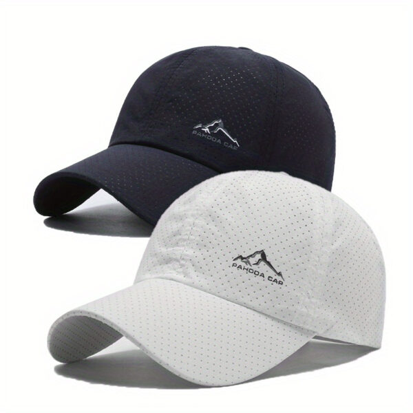 2 peças Bonés de beisebol de secagem rápida com estampa de montanha de neve - Estilo esportivo, 100% poliéster, design de malha respirável para homens e mulheres - Bonés casuais da moda para primavera e verão - Imagem 2