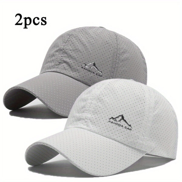 2 peças Bonés de beisebol de secagem rápida com estampa de montanha de neve - Estilo esportivo, 100% poliéster, design de malha respirável para homens e mulheres - Bonés casuais da moda para primavera e verão - Imagem 5