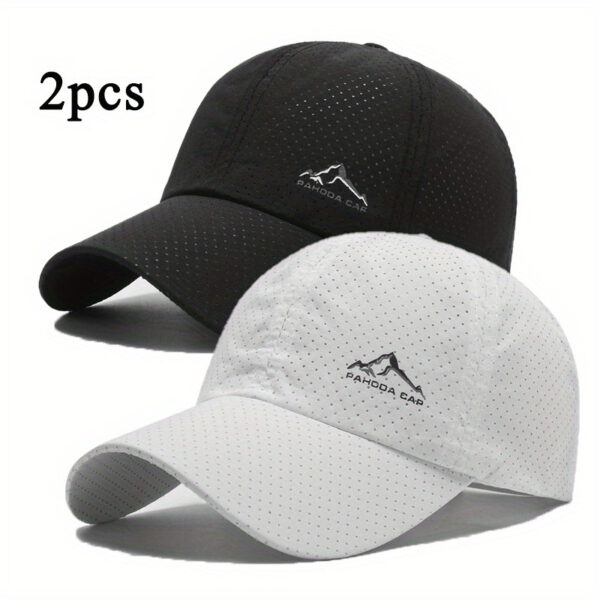 2 peças Bonés de beisebol de secagem rápida com estampa de montanha de neve - Estilo esportivo, 100% poliéster, design de malha respirável para homens e mulheres - Bonés casuais da moda para primavera e verão