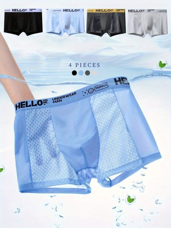 4 peças Cuecas Boxer Masculinas Macias e Confortáveis, Cuecas Masculinas, Remendo de Malha Respirável e Elástica, Cuecas Masculinas Casuais de Cor Lisa Azul-celeste Preto Cinza Escuro Cor Contrastante Estampa de Letras Faixa de Cintura - Imagem 2
