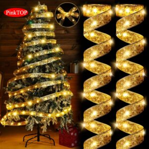 1pc 1/3/5/10m serpentinas de feriado, árvore de natal com luzes, luzes de fita douradas, guirlanda de fita de árvore de natal, decoração de árvore de natal, alimentado por bateria (sem baterias)