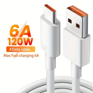 Cabo de carregamento USB C, carregamento rápido de 6 A e 120 W, cabo de sincronização de dados redondo de PVC, superfície fosca USB para conector tipo C, potência de entrada/saída ≥80 W, tensão operacional de 36 V, compatível com Huawei, Xiaomi, Vivo e mais