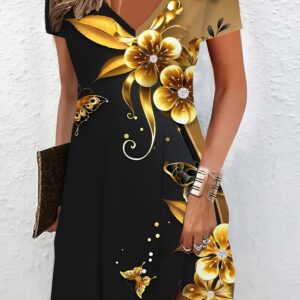 Vestido com decote em V com estampa floral, vestido casual de manga curta e bloco de cores, roupas femininas