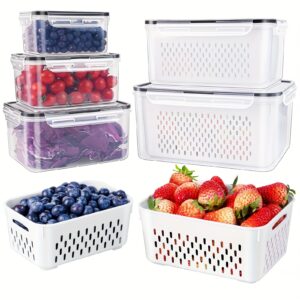 Conjunto de 9 peças de recipientes grandes à prova de vazamento para geladeira com escorredor removível - laváveis ​​na máquina de lavar louça, mantêm frutas, vegetais, frutas vermelhas e carnes frescas por mais tempo