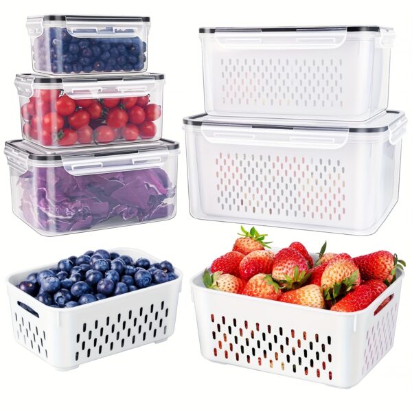 Conjunto de 9 peças de recipientes grandes à prova de vazamento para geladeira com escorredor removível - laváveis ​​na máquina de lavar louça, mantêm frutas, vegetais, frutas vermelhas e carnes frescas por mais tempo
