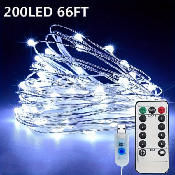 1pc USB Fairy String Lights, 20,12 metros 200LED 10,06 metros 100 LED 5,0 metros 50LED Mudando Luzes de Fio Prateado Com 8 Modos de Iluminação Controle Remoto Para Artesanato Quarto Teto Decoração de Natal, Luz de Fio de Cobre Multicolorido - Imagem 18