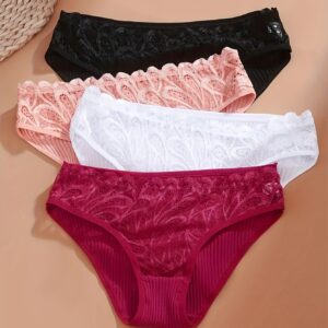 4 peças de calcinhas de renda sólida, calcinhas elásticas respiráveis ​​e confortáveis, roupas íntimas e lingerie femininas