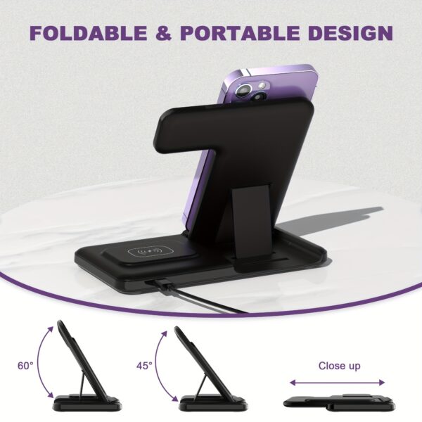 Estação de carregamento rápido 3 em 1, suporte de carregador sem fio dobrável para iPhone 15/14/13/12/11/Pro/Max/Mini/8/Plus/X/XR/XS/X/SE, para iWatch Ultra/Ultra2/9/8/7/6/5/4/3/2/1 /SE, para Airpods 3/2/Pro/Pro2 - Imagem 3