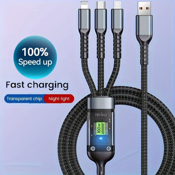 Cabo de carregamento rápido USB para micro tipo C 3 em 1 100 W 5 A para iPhone 14 13, Samsung, Xiaomi - Imagem 6
