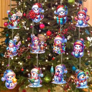 Conjunto de 12 enfeites de boneco de neve de madeira feitos à mão - perfeito para decoração de árvore de Natal e presentes de feriado, decoração de Natal
