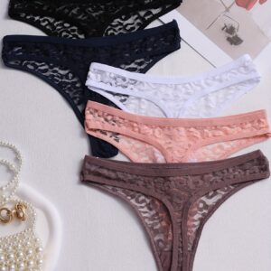 5 peças de calcinhas semi transparentes de renda floral sólida, calcinhas íntimas elásticas respiráveis ​​e confortáveis, lingerie e roupa íntima femininas